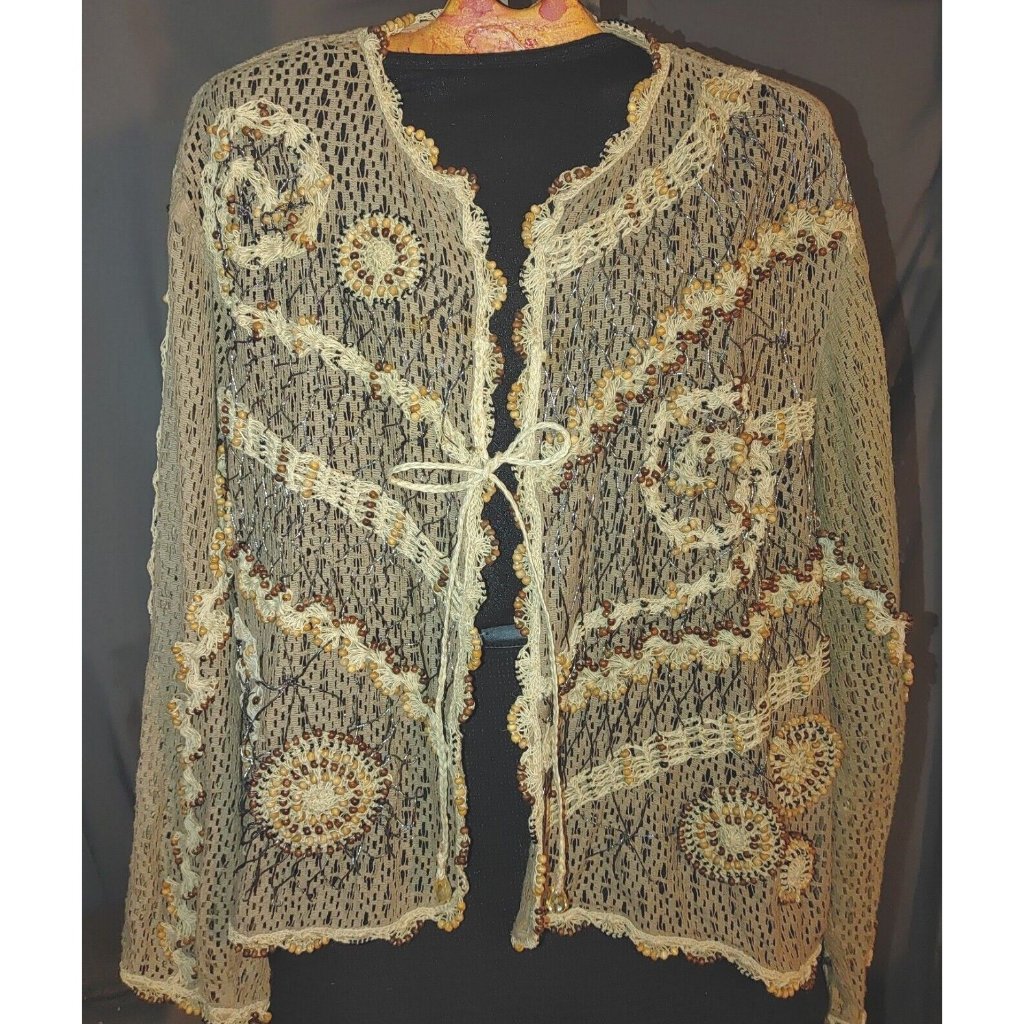 Jessica London Plus Size Boho Hippie Kimono Tassel Brown Cardigan Crochet Beads
